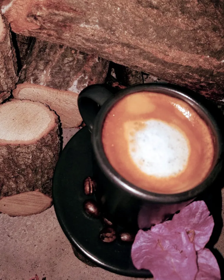 Siyah fincanda latte, kütük dilimleri üzerinde
