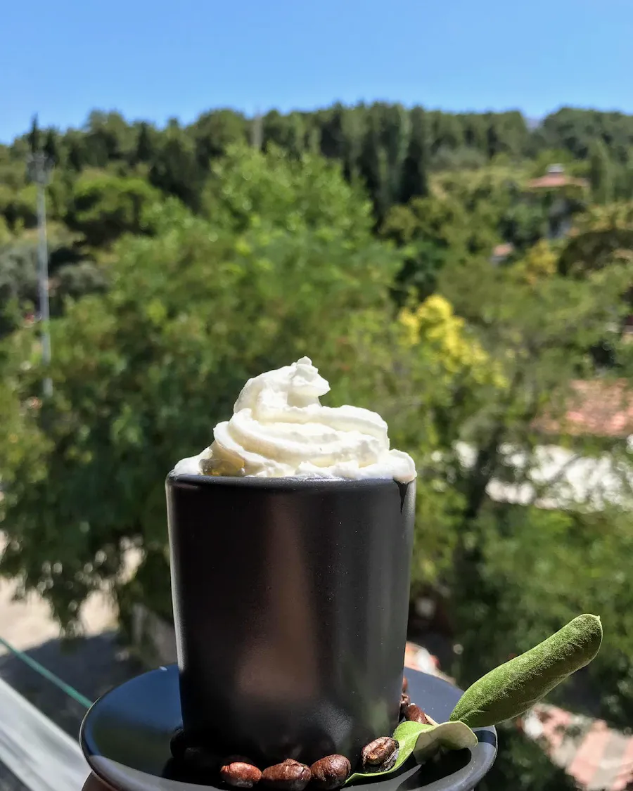 Siyah fincanda kahve, arkada orman ve gökyüzü